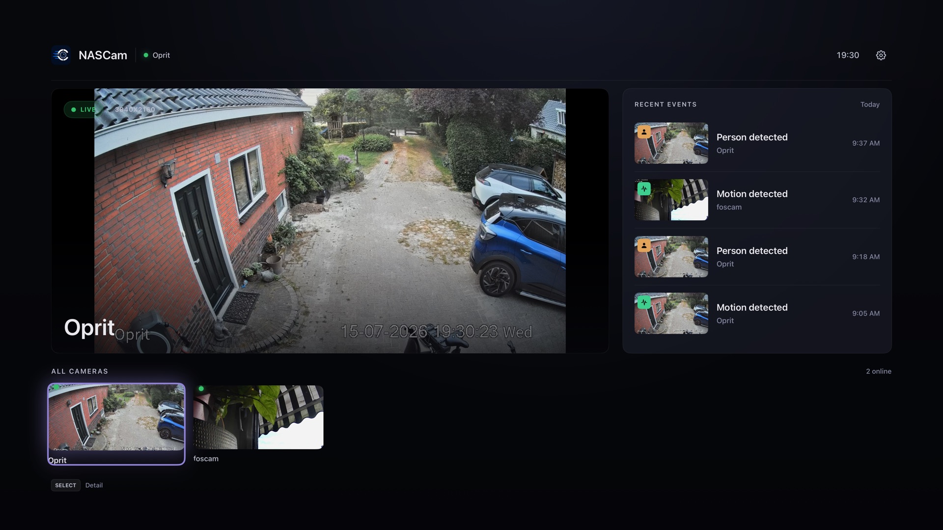 NasCam on Apple TV showing a live driveway camera feed with a recent-events panel of person and motion detections.
